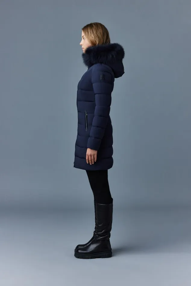 Puffers Women Mackage CALLA Agile360 Stretch Light Down Coat With Blue Fox Fur Collar Black