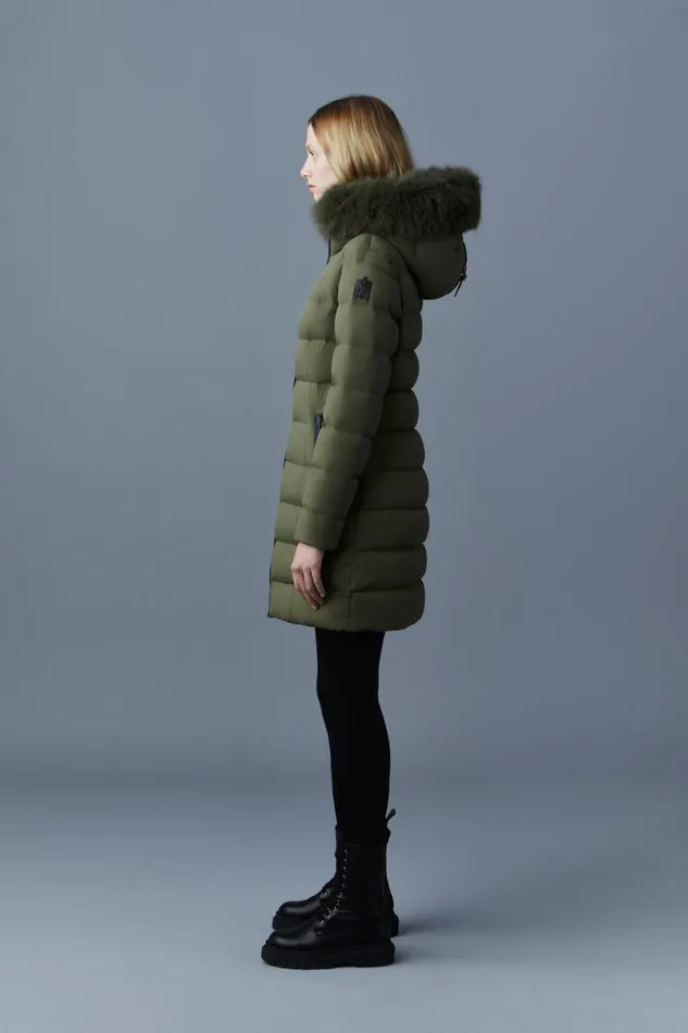 Puffers Women Mackage CALLA Agile360 Stretch Light Down Coat With Blue Fox Fur Collar Black