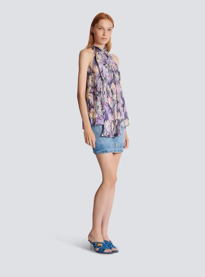 Pussybow Top With Feather Print Multicolor Women Balmain Tops And Shirts