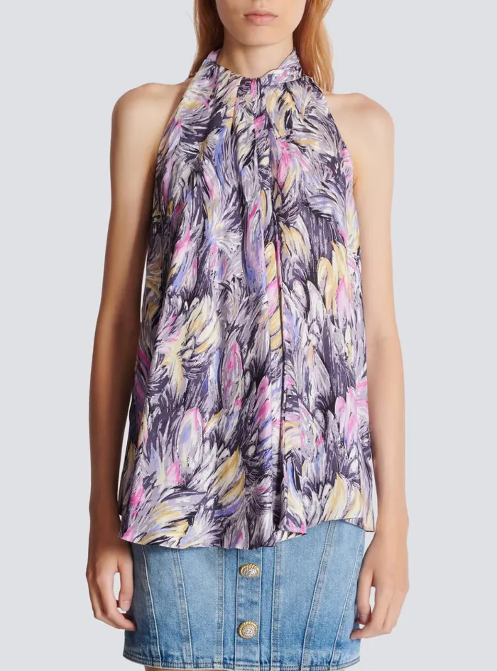 Pussybow Top With Feather Print Multicolor Women Balmain Tops And Shirts