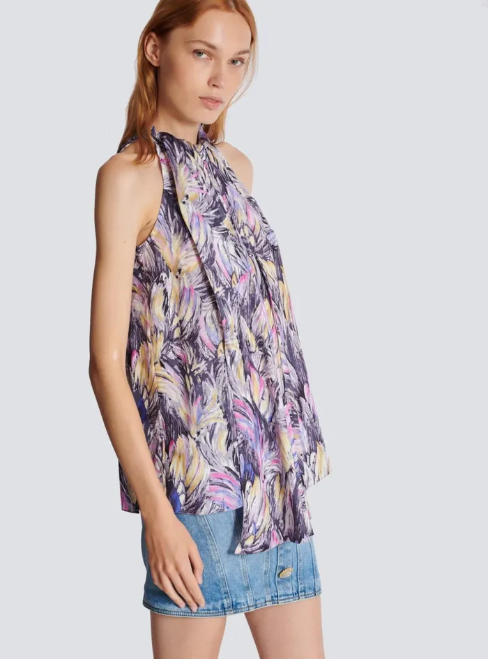 Pussybow Top With Feather Print Multicolor Women Balmain Tops And Shirts
