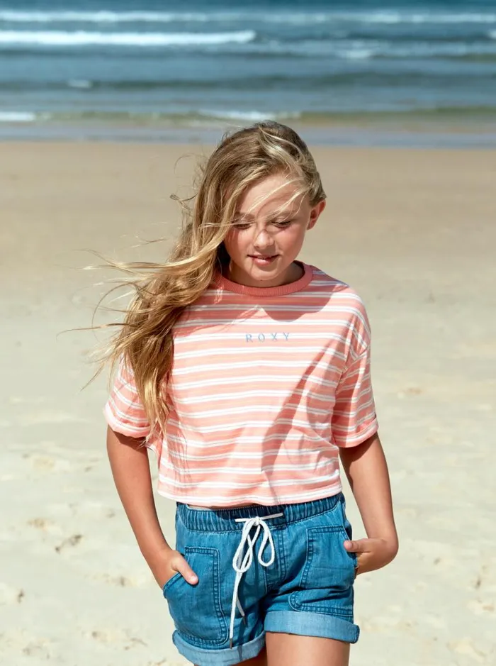 Roxy Tees and Tanks Girl039s 416 Happiness Begins Short Sleeve TShirt Salmon Rose Beachin Stripes 8211 Kids