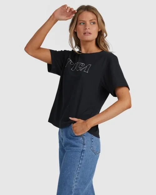 Rvca Curl Keyline Graphic Tee Black Women Tees and Tanks