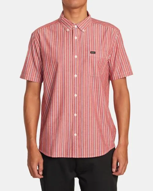 Rvca Daybreak Stripe Short Sleeve Shirt Scarlett Men Shirts and Flannels