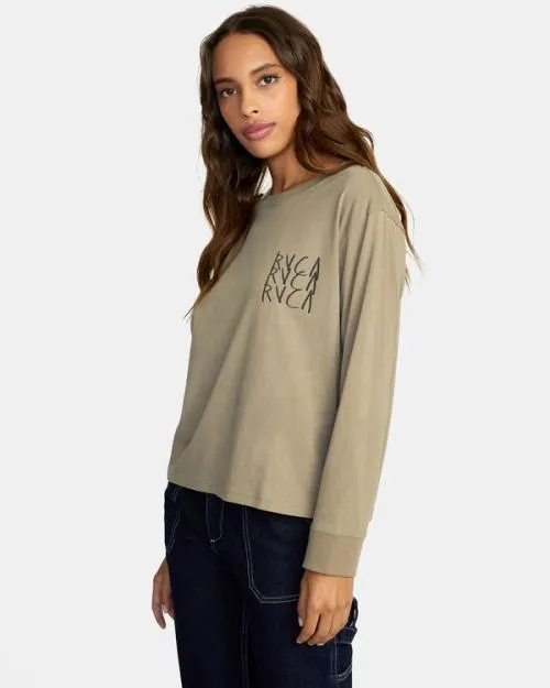 Rvca Doomsday Long Sleeve Tee Dark Khaki Women Tees and Tanks