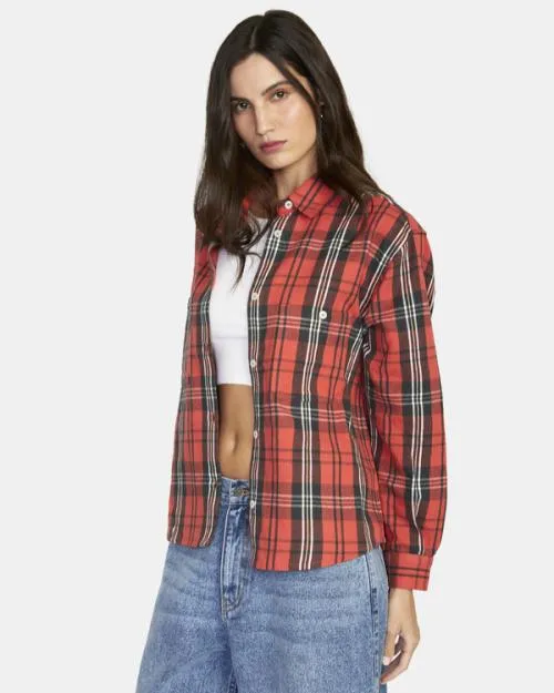 Rvca Notorious Long Sleeve Flannel Shirt Chrysanthemum Women Tops