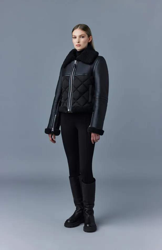 Shearling Jackets Women Mackage TULIP Quilted Sheepskin Jacket With Shearling Trim Black