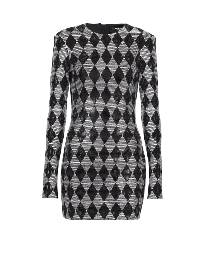 Short Diamond Rhinestone Dress Black Women Balmain Dresses