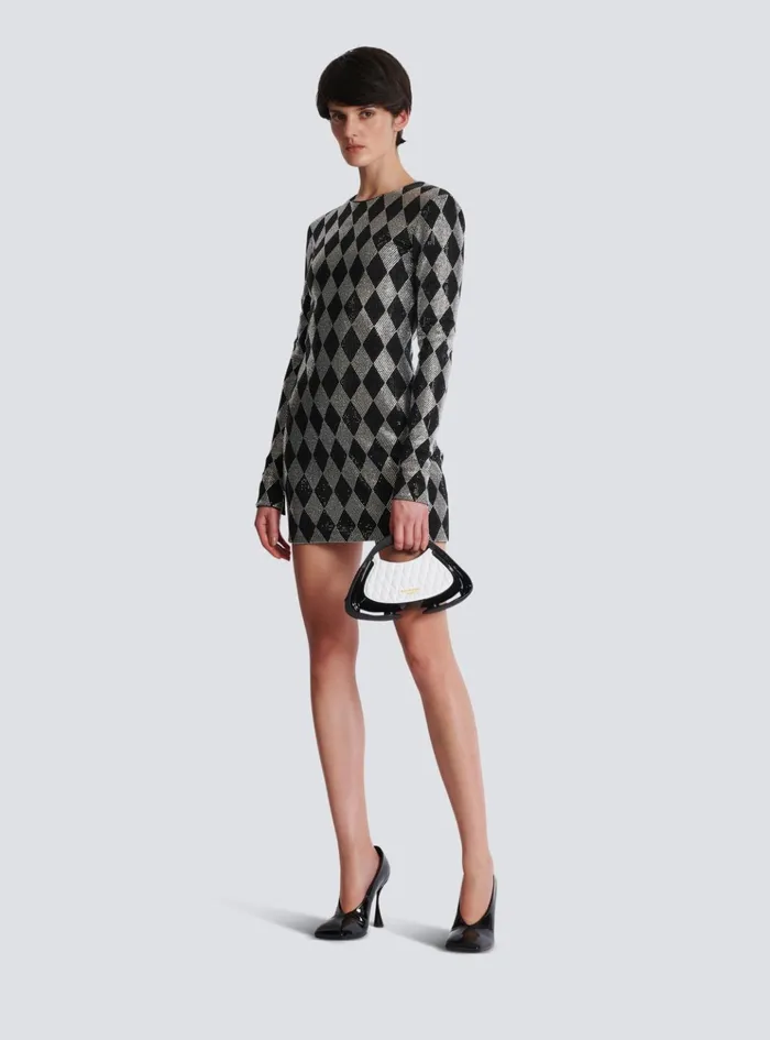 Short Diamond Rhinestone Dress Black Women Balmain Dresses