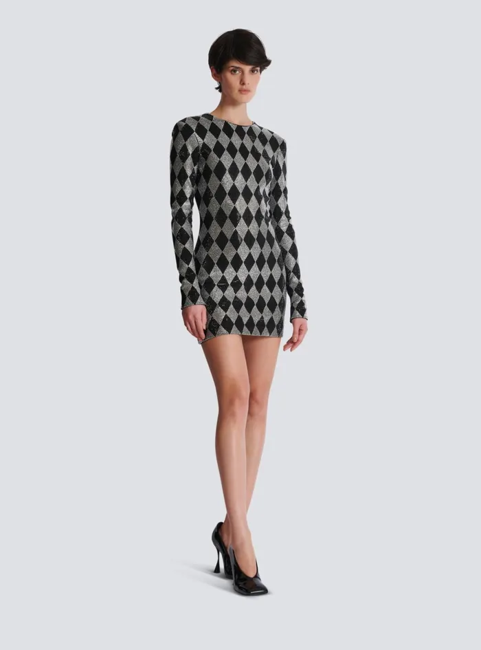 Short Diamond Rhinestone Dress Black Women Balmain Dresses