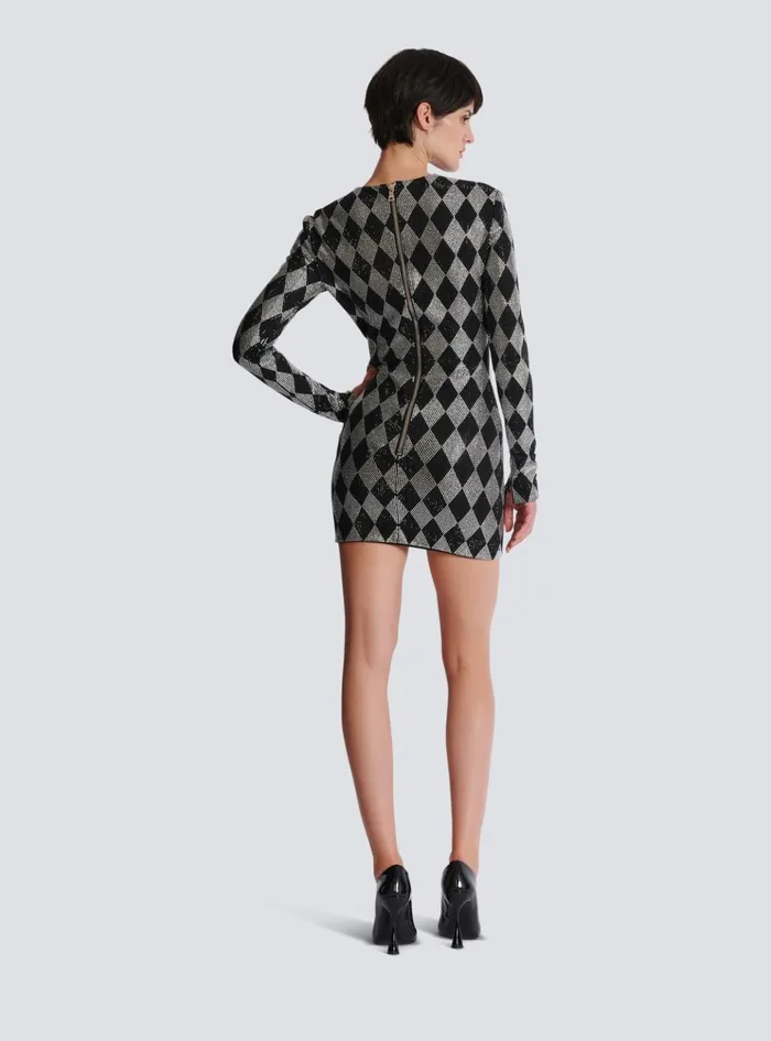 Short Diamond Rhinestone Dress Black Women Balmain Dresses