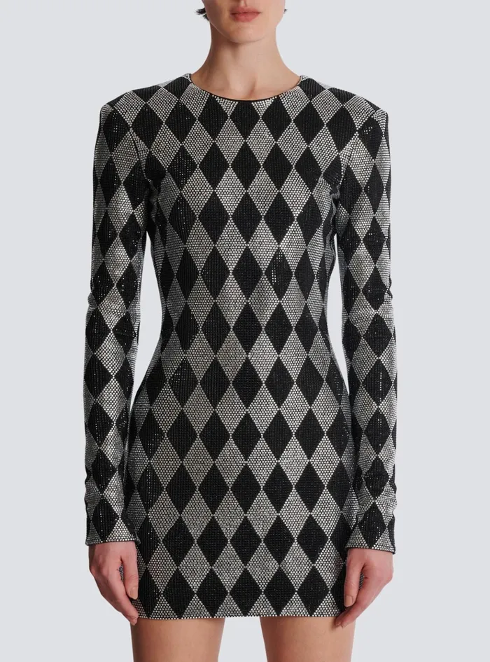 Short Diamond Rhinestone Dress Black Women Balmain Dresses