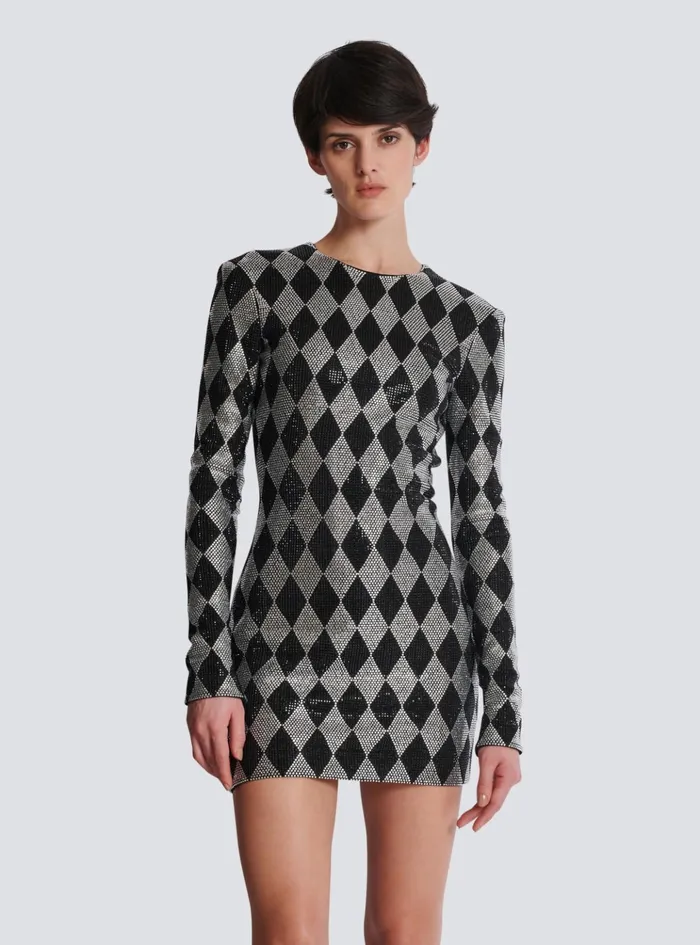 Short Diamond Rhinestone Dress Black Women Balmain Dresses