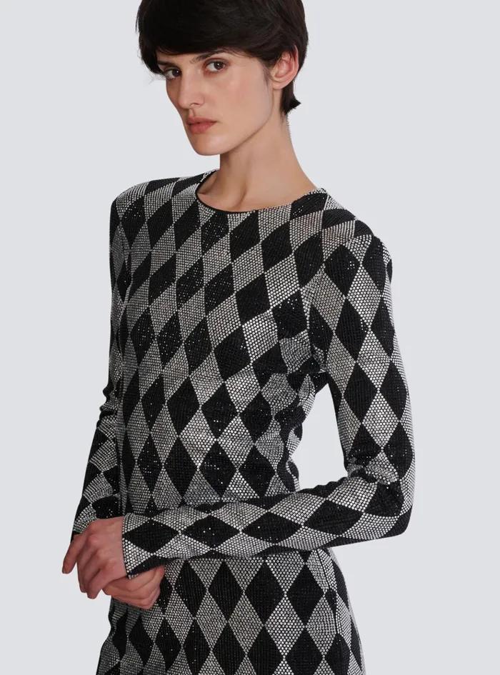 Short Diamond Rhinestone Dress Black Women Balmain Dresses