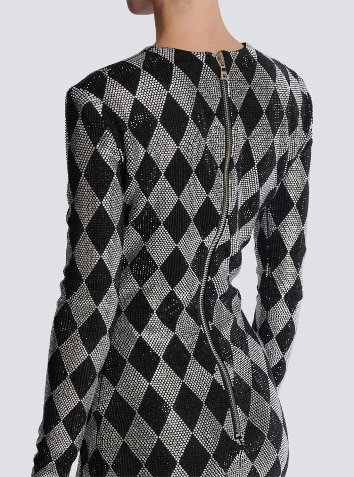 Short Diamond Rhinestone Dress Black Women Balmain Dresses