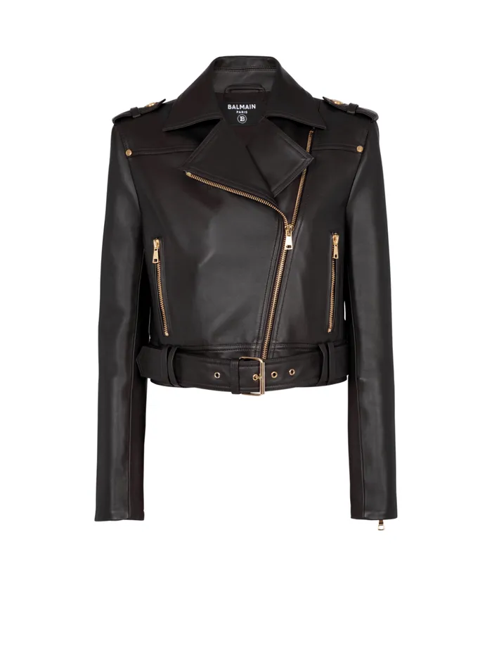 Short Leather Biker Jacket Black Women Balmain Outerwear