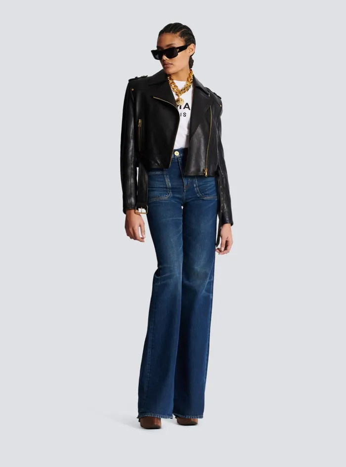 Short Leather Biker Jacket Black Women Balmain Outerwear