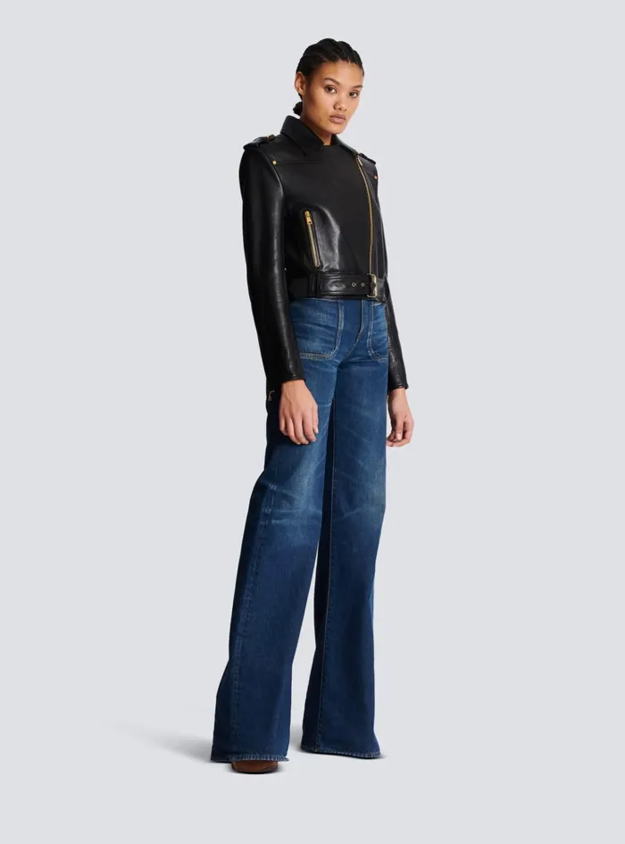 Short Leather Biker Jacket Black Women Balmain Outerwear