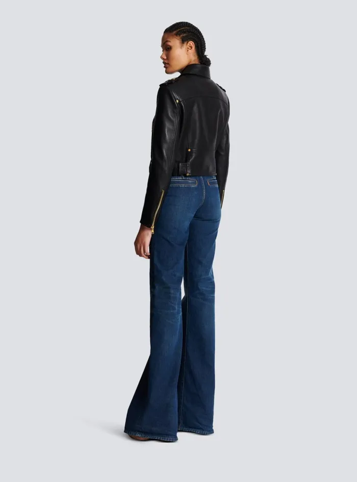 Short Leather Biker Jacket Black Women Balmain Outerwear