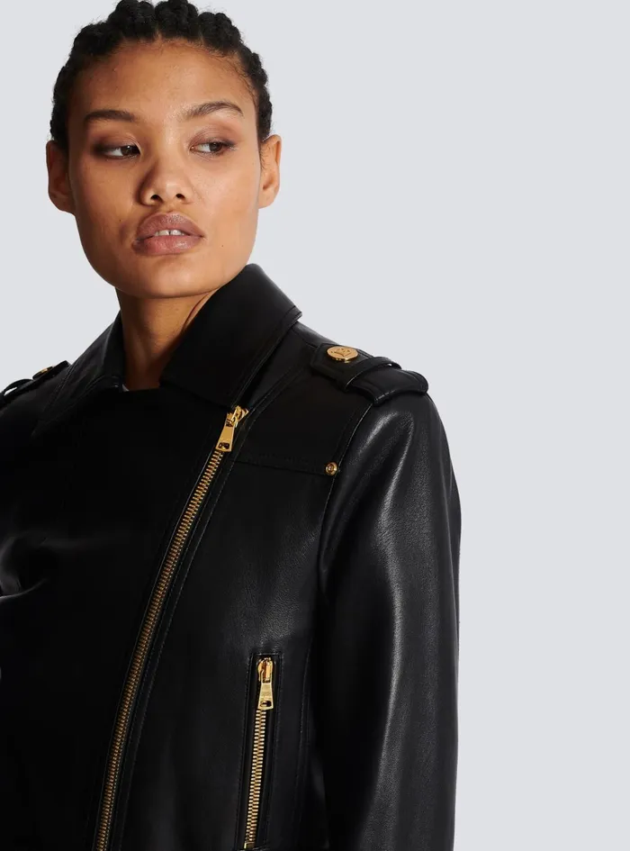 Short Leather Biker Jacket Black Women Balmain Outerwear