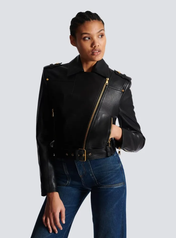 Short Leather Biker Jacket Black Women Balmain Outerwear