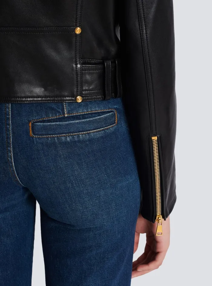 Short Leather Biker Jacket Black Women Balmain Outerwear