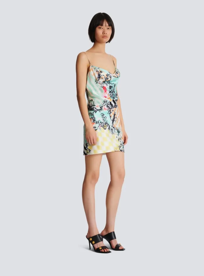 Short Satin Slip Dress With Baroque Print Multicolor Women Balmain Dresses
