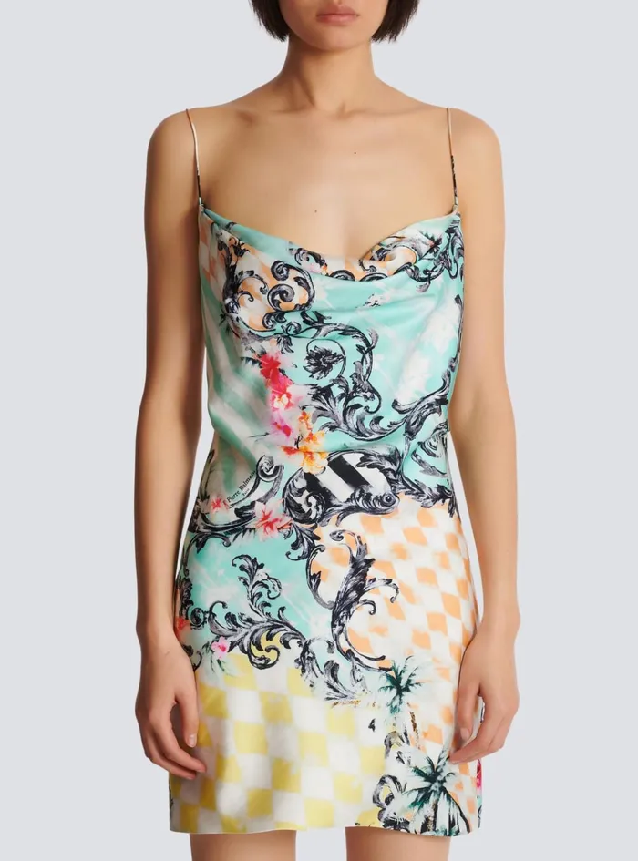 Short Satin Slip Dress With Baroque Print Multicolor Women Balmain Dresses