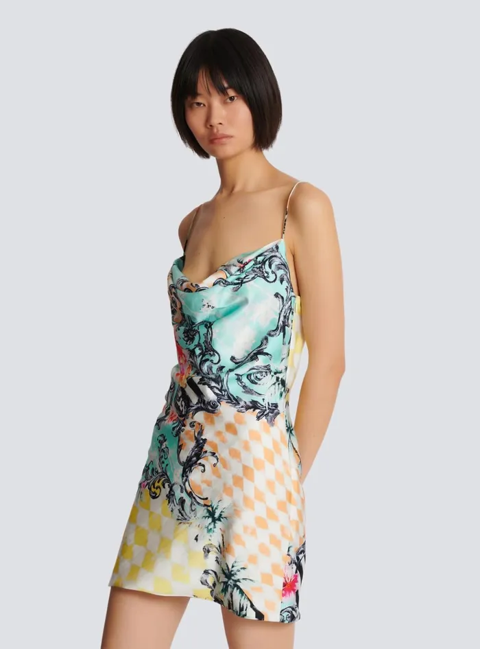 Short Satin Slip Dress With Baroque Print Multicolor Women Balmain Dresses