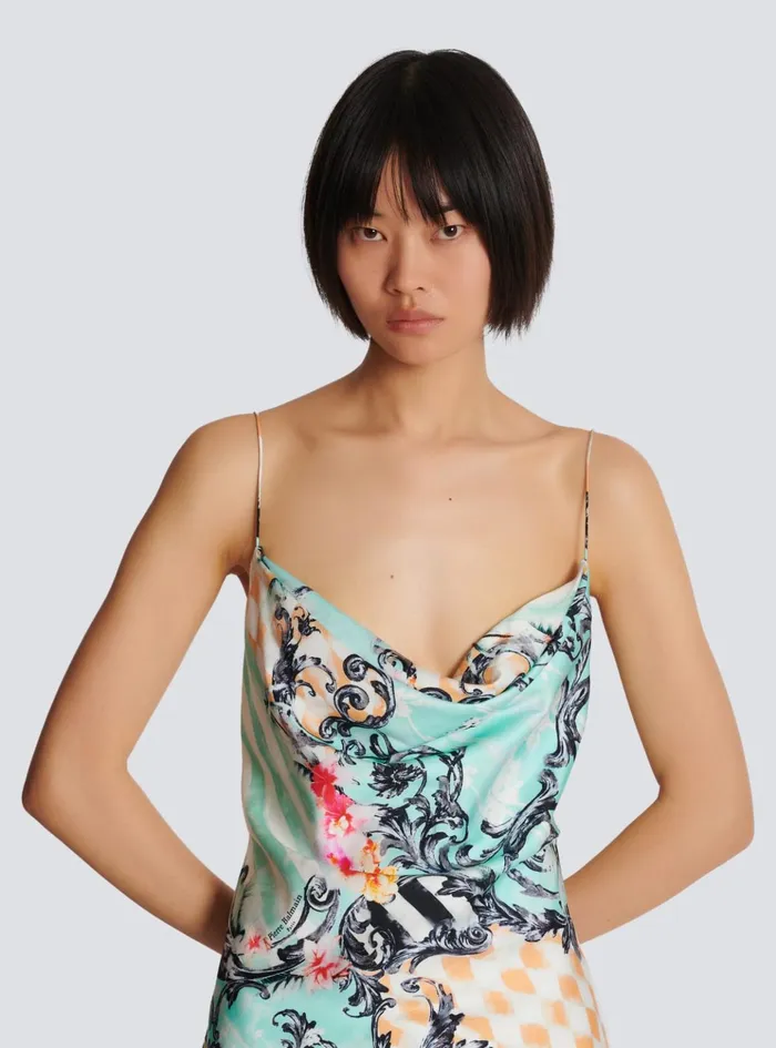 Short Satin Slip Dress With Baroque Print Multicolor Women Balmain Dresses
