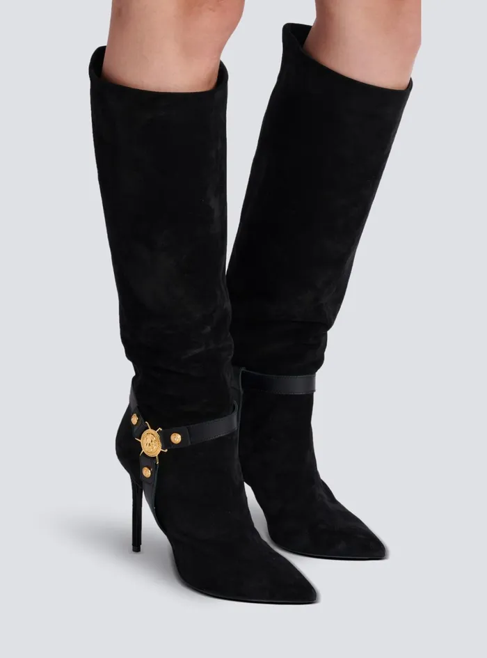 Slouchy Suede Heeled Eva Boots Black Women Balmain Boots