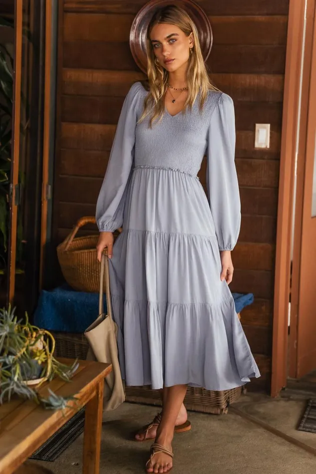Smocked Tiered Midi Dress In Blue Blue Women Bohme Dresses
