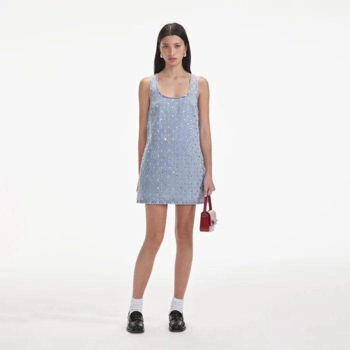 Square Rhinestone Denim Mini Dress Women Self Portrait Dresses