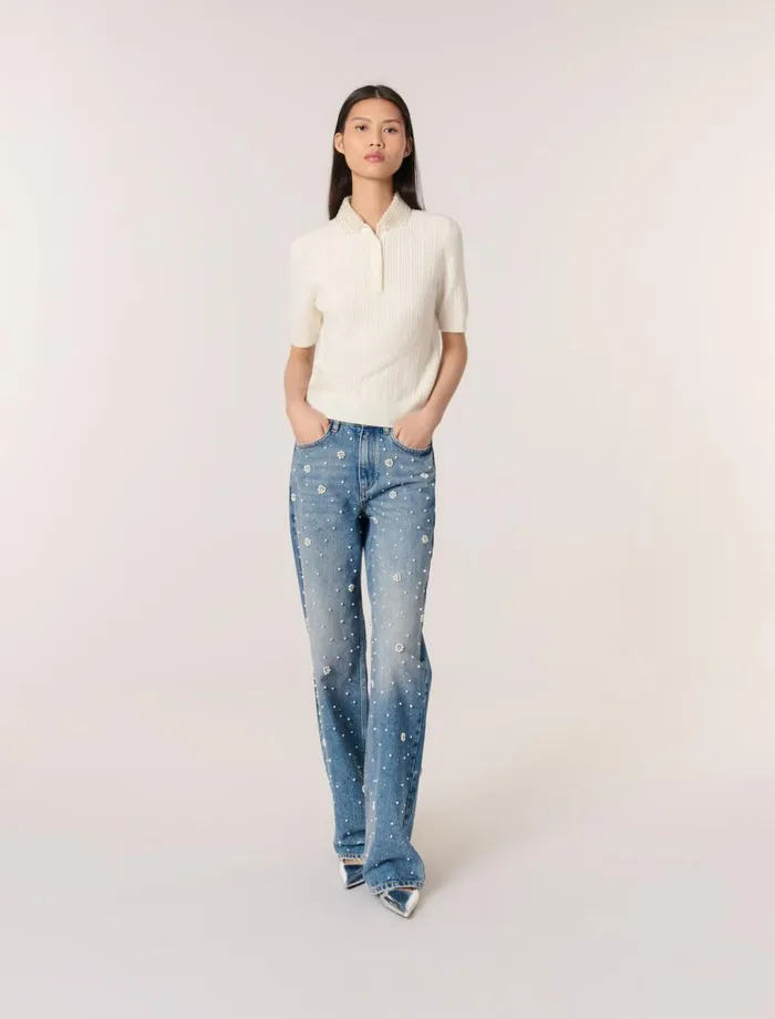 Sweaters and Cardigans Women Maje Jewellery Collar Knit Polo Shirt Ecru