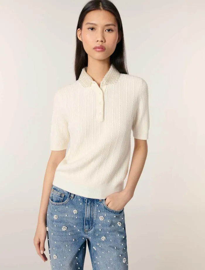 Sweaters and Cardigans Women Maje Jewellery Collar Knit Polo Shirt Ecru