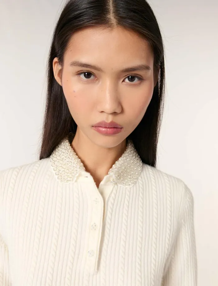 Sweaters and Cardigans Women Maje Jewellery Collar Knit Polo Shirt Ecru