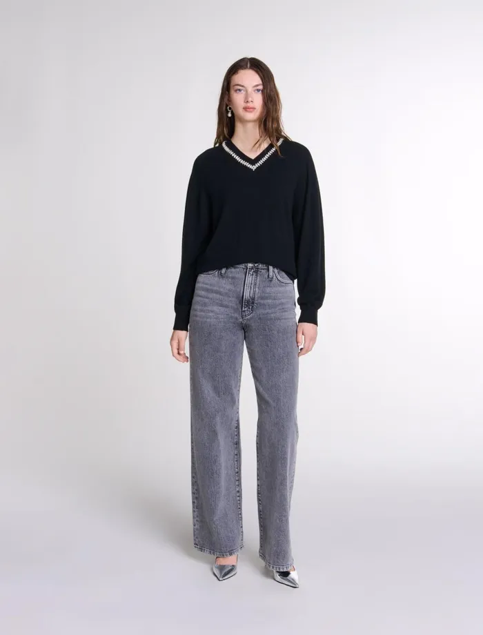 Sweaters and Cardigans Women Maje Knit Jumper With Rhinestone Neck Black