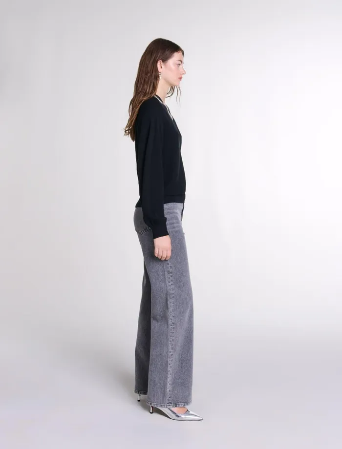 Sweaters and Cardigans Women Maje Knit Jumper With Rhinestone Neck Black