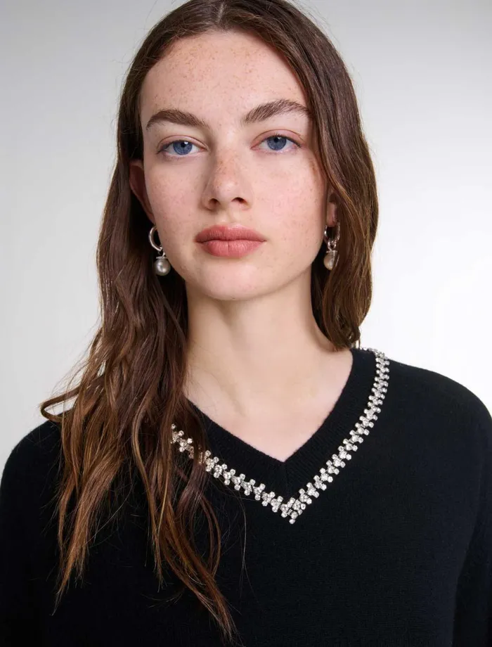 Sweaters and Cardigans Women Maje Knit Jumper With Rhinestone Neck Black