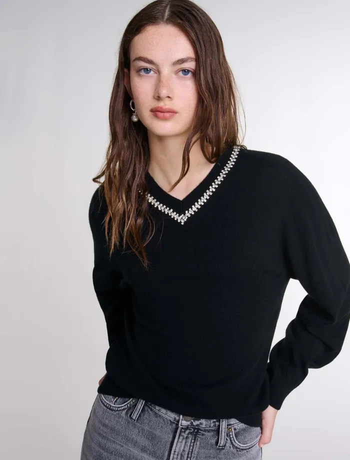 Sweaters and Cardigans Women Maje Knit Jumper With Rhinestone Neck Black