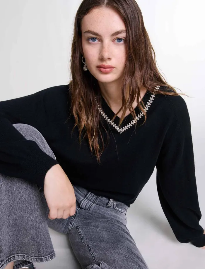 Sweaters and Cardigans Women Maje Knit Jumper With Rhinestone Neck Black