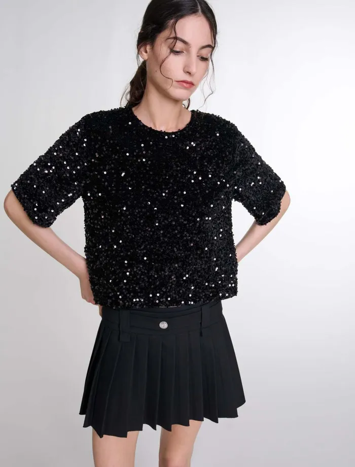 Tops and Shirts Women Maje Sequinned Velvet Top Black