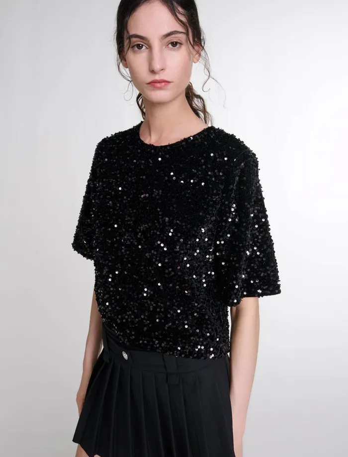 Tops and Shirts Women Maje Sequinned Velvet Top Black