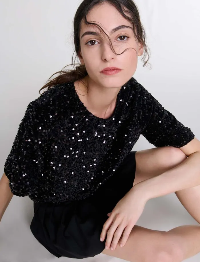 Tops and Shirts Women Maje Sequinned Velvet Top Black