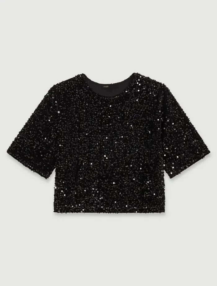 Tops and Shirts Women Maje Sequinned Velvet Top Black