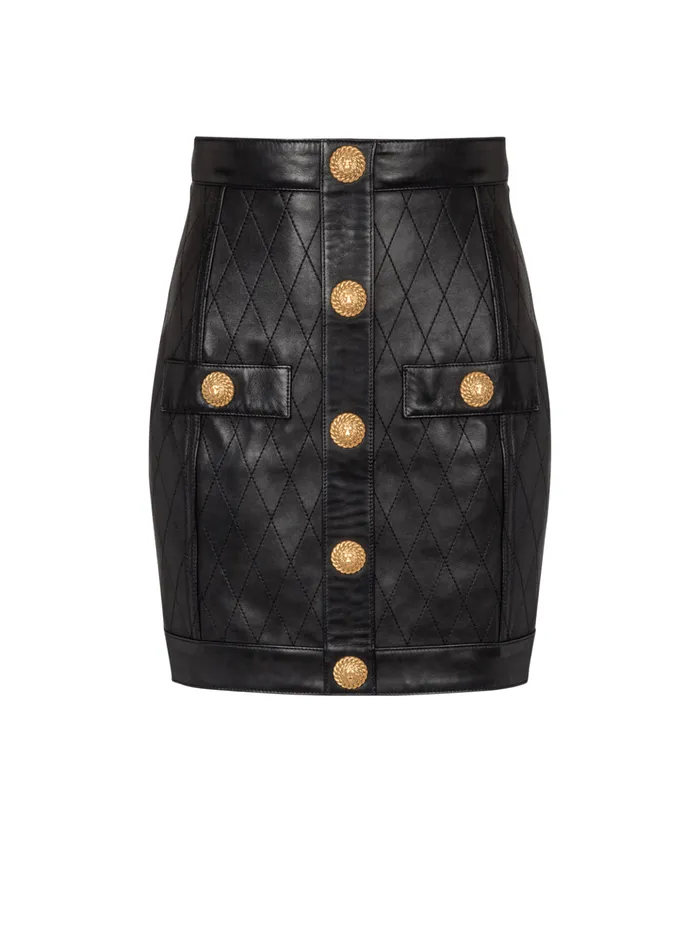 Topstitched Leather Skirt With Buttons Black Women Balmain Skirts