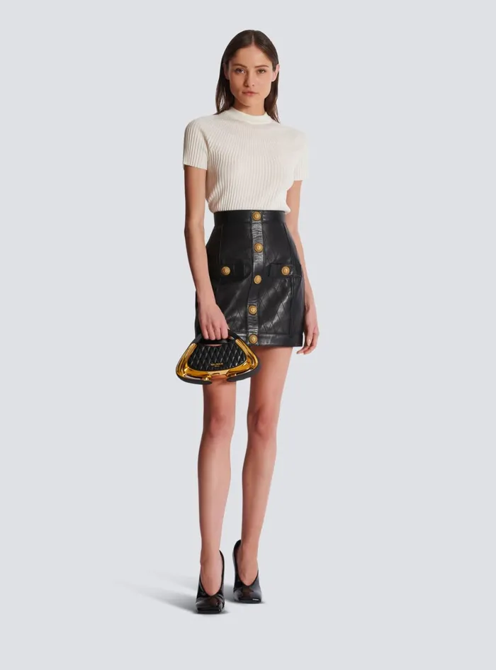Topstitched Leather Skirt With Buttons Black Women Balmain Skirts