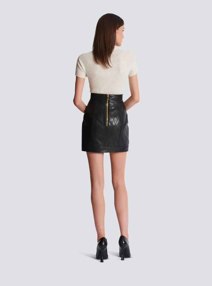Topstitched Leather Skirt With Buttons Black Women Balmain Skirts