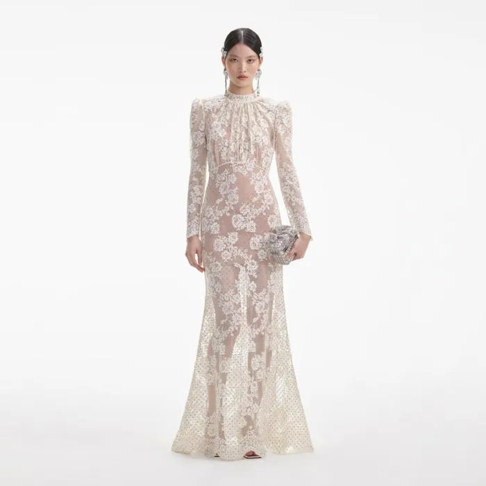 White Rhinestone Lace Maxi Dress Women Self Portrait Dresses