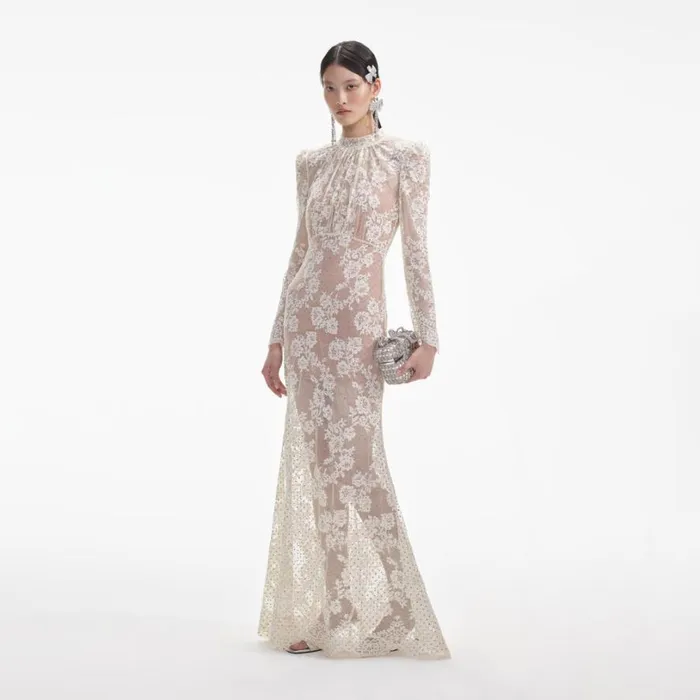 White Rhinestone Lace Maxi Dress Women Self Portrait Dresses White Rhinestone Lace Maxi Dress Women Self Portrait Dresses